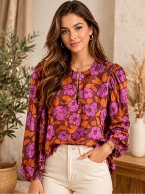 The Korner Women’s Floral Viscose Blouse S Cottagecore Puff Sleeve Peasant Top